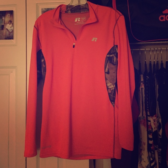 Bright orange dri-fit half zip with camo designs