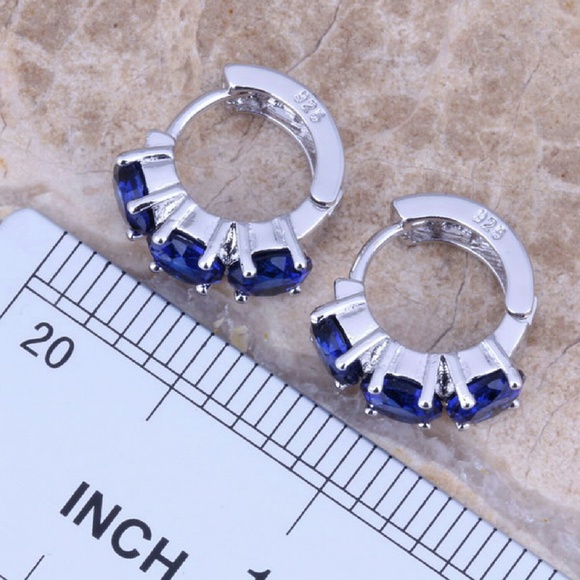 925 Sterling Silver Blue Huggie Earrings - Picture 2 of 2