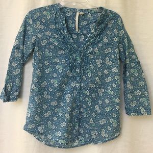 Blue floral button up 100% cotton blouse
