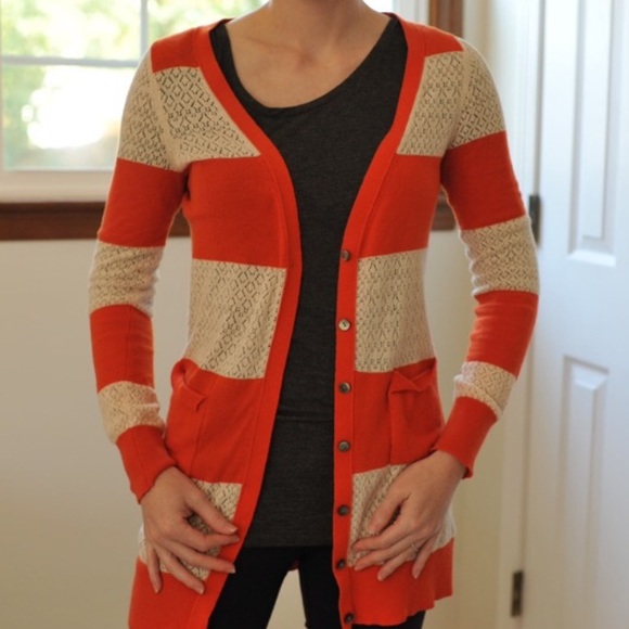 Anthropologie Orange Striped Long Cardigan Sz XS