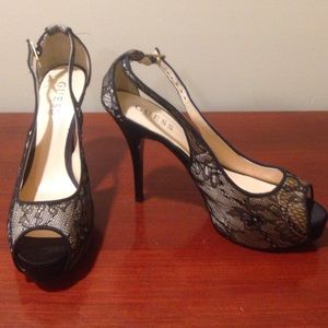 Black Lace Peep Toe Pumps