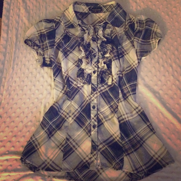 Forever 21 Sheer plaid blouse with ruffles.