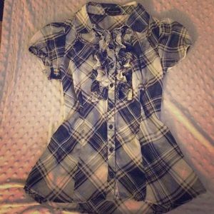 Forever 21 Sheer plaid blouse with ruffles.