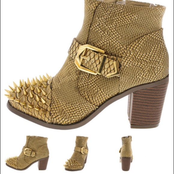 Beige snake ankle studded ankle boots