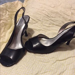Black open toe sling back heels