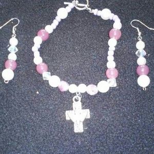 Pink Cross Glass Beaded Bracelet and Earring Set