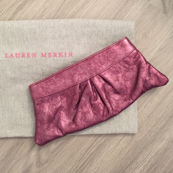 Lauren Merkin metallic pink clutch. Bridesmaid.
