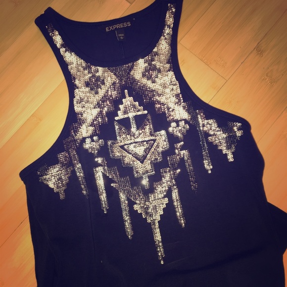 Navy body con dress with tribal sequin detail