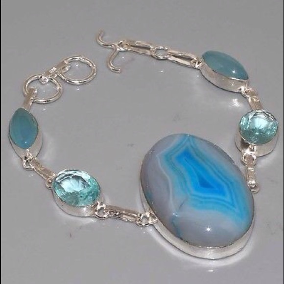 Blue Lace Onyx 925 Silver Overlay Bracelet 8.5"