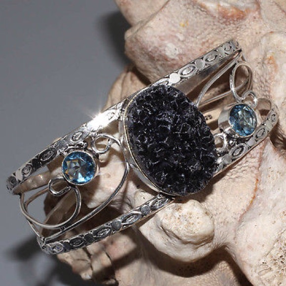 Agate Druzy/Blue Quartz 925 Silver Overlay Bangle