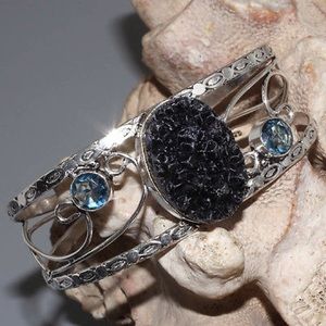Agate Druzy/Blue Quartz 925 Silver Overlay Bangle