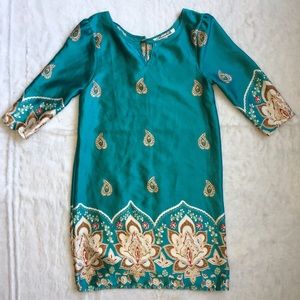 Paisley Satin Shift Dress in Turquoise