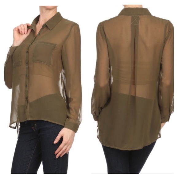 Hi low button semi sheer collard 2 pocket blouse