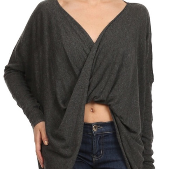 Charcoal cropped wrap top long sleeve hi Low hem