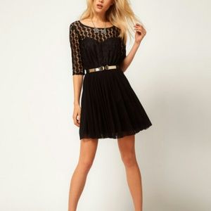 ASOS black skater dress with spot lace/mesh skirt