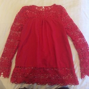 Red Blouse with Lace Sleeves FITS LIKE A LARGE!