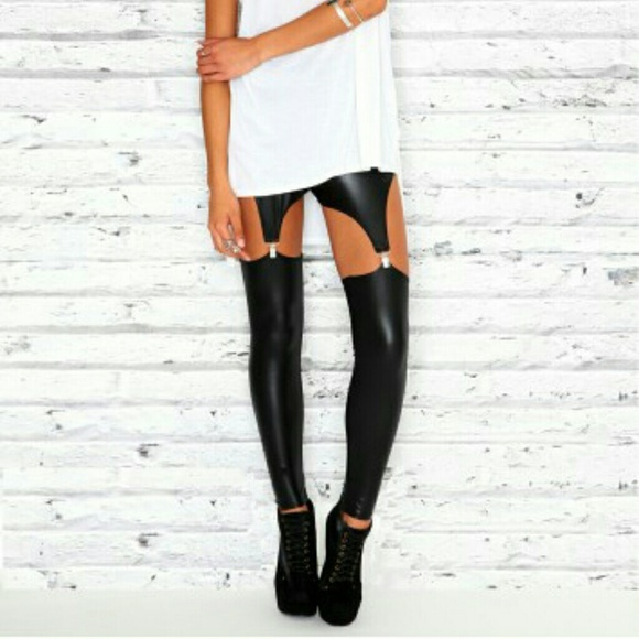 Faux leather leggings tights pant garter suspender - Picture 4 of 4