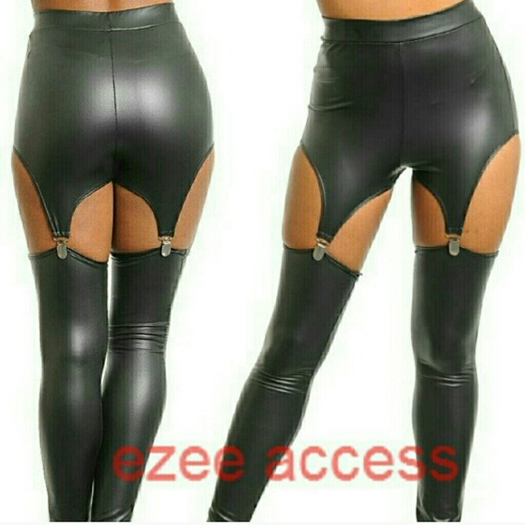 Faux leather leggings tights pant garter suspender - Picture 2 of 4