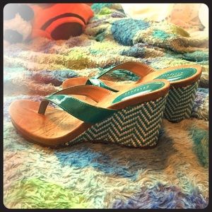 Blue and White Flipflop Wedge- Size 7