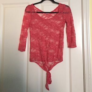 Sexy coral pink lace top with tie-bottom