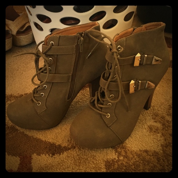 Olive green booties with buckles