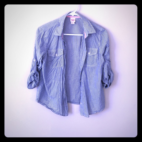 White and blue pinstripe long sleeve button up