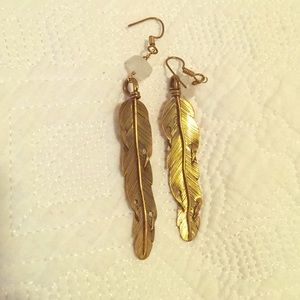 Brass Feather / Leaf Earrings w/ quartz beads