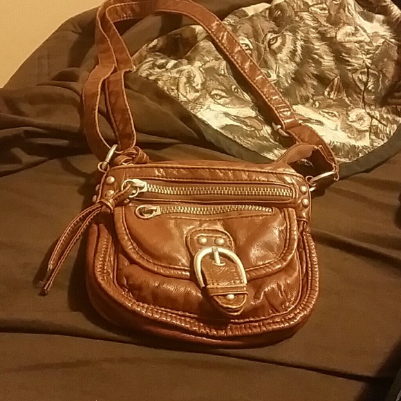 Small, brown, leather, over-the-shoulder purse