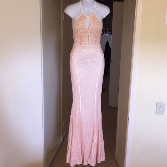 Peach lace prom dress