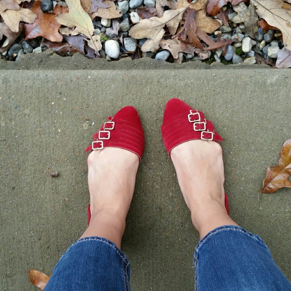 Never Worn! Red Suede Gold Buckle Flats