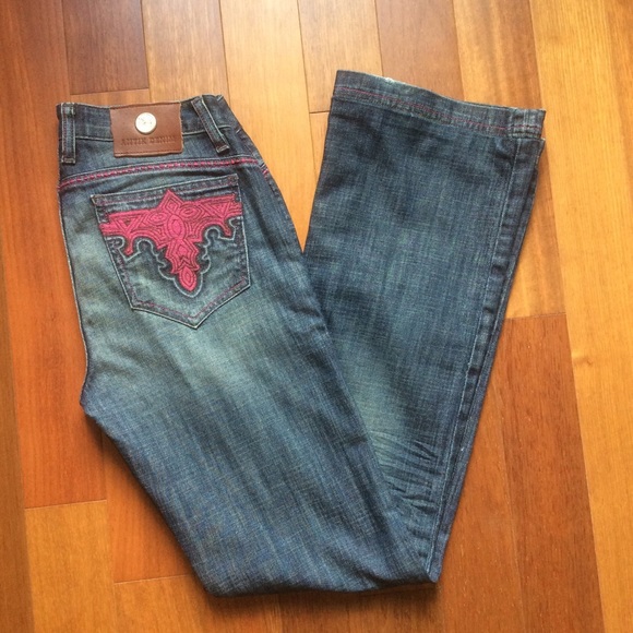 Medium wash pink stitch boot cut jeans