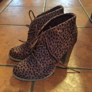 Stacked Heel Leopard Lace up Bootie