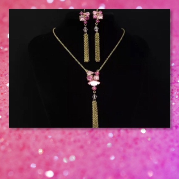 NEW Pink Crystal Tassel Necklace Earring Set Gold - Picture 2 of 3