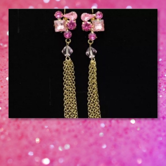 NEW Pink Crystal Tassel Necklace Earring Set Gold - Picture 3 of 3