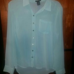 Long sleeve teal blouse with gold buttons