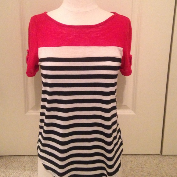 Black, white and red stripped blouse.