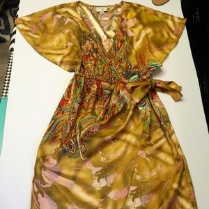 ❤️sale❤️VINTAGE SILKY DRESS gold splashed pink