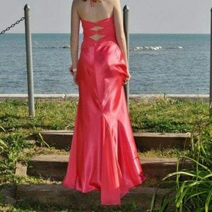 Salmon slim satin prom dress