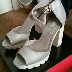 Grey platform ankle strap heels