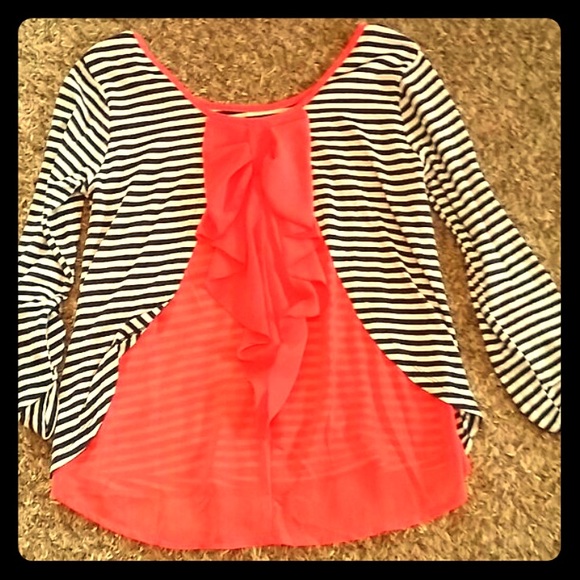 Medium bow back navy and coral/orangish stripe top