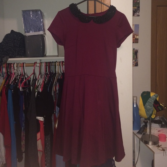 Maroon Peter Pan collared skater dress