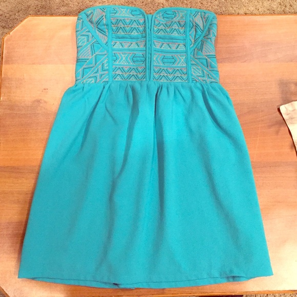 Teal Tribal strapless mini dress