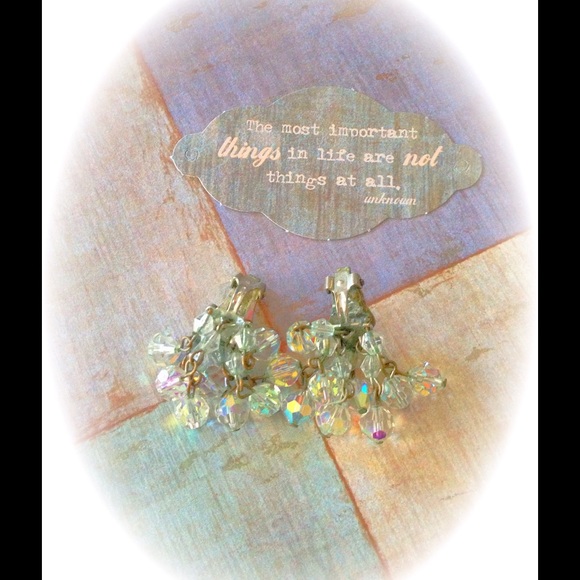 ~ VINTAGE ~ Iridescent Crystal Beaded Clip-Ons - Picture 2 of 3