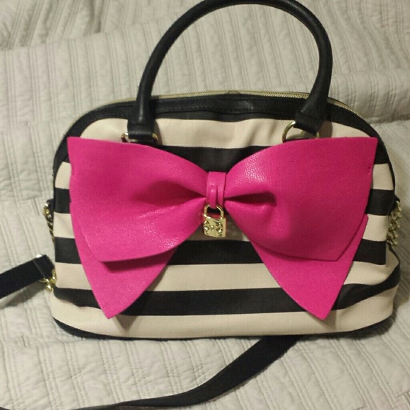 Betsy Johnson striped purse with pink bow
