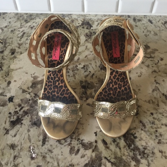 Betsy Johnson gold sequin ankle strap heels