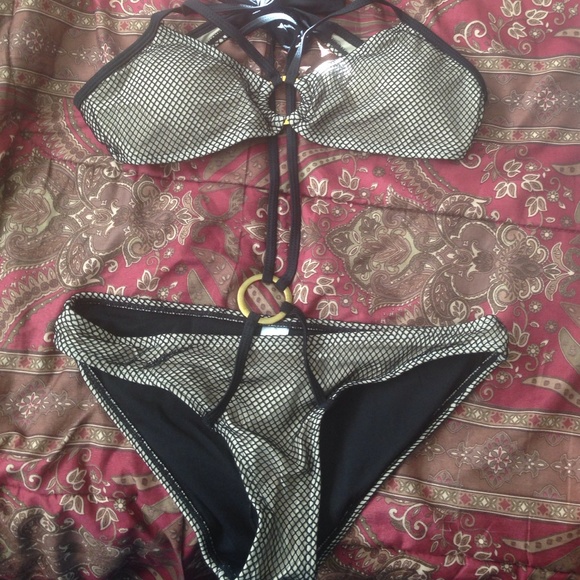 Sexy bathing suit. Gold with blk net. Sz L