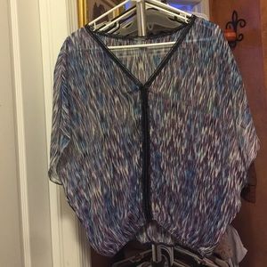 Sheer dolman blouse, sequin black trim, medium