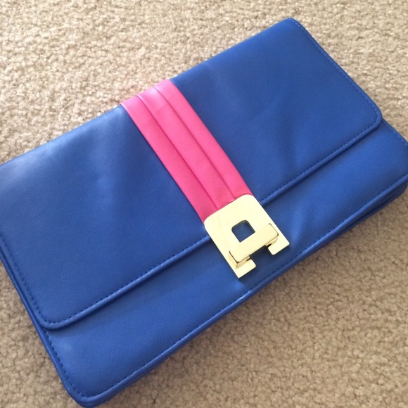 Blue & pink clutch with gold clasp