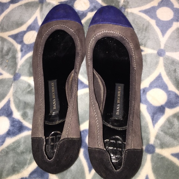 Brown, black and blue shoes with a little heel