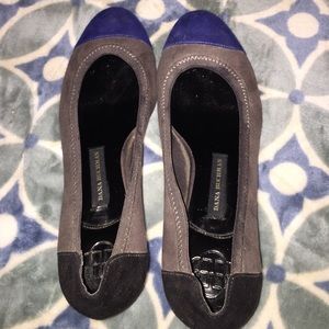 Brown, black and blue shoes with a little heel